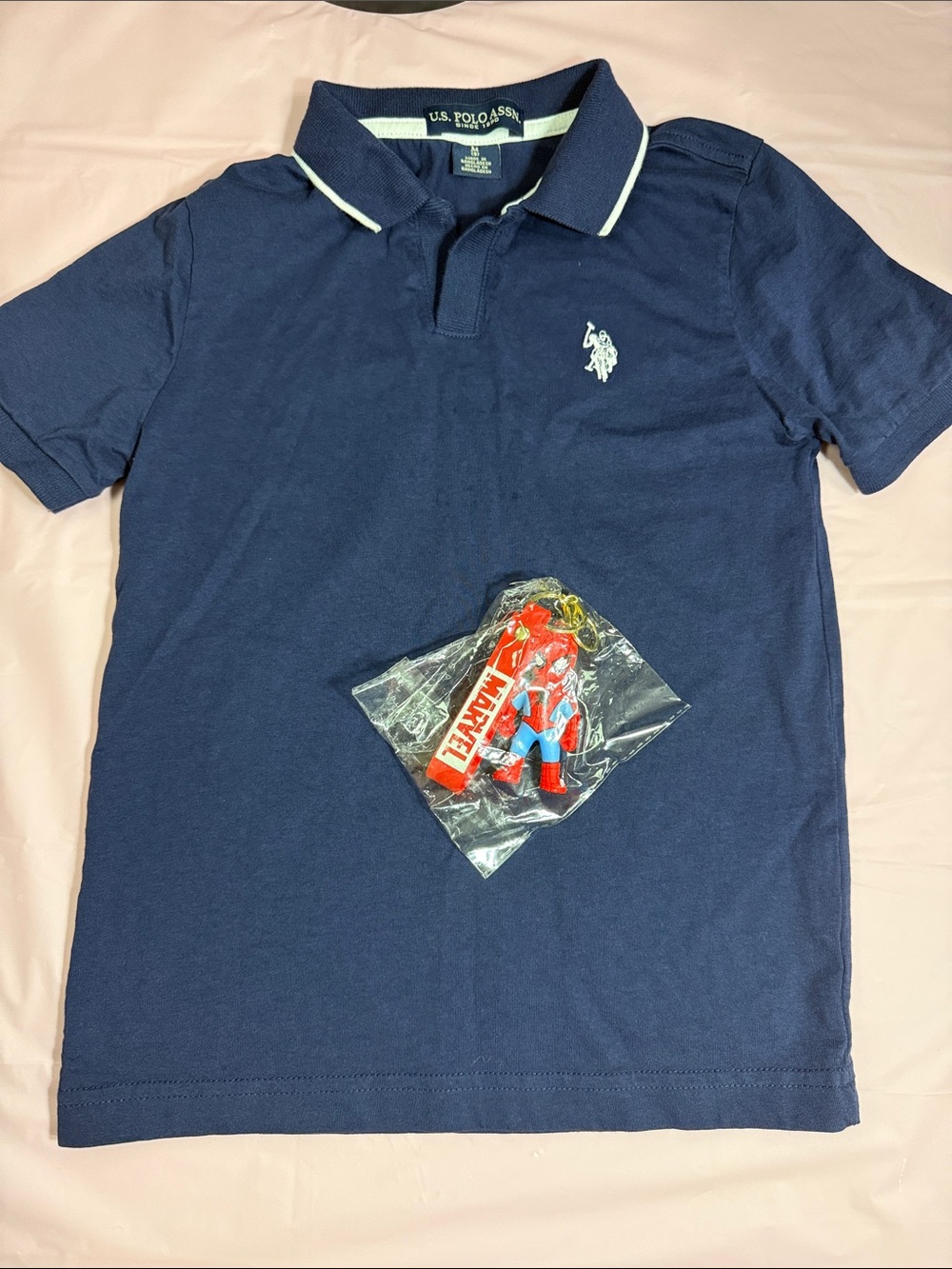 U.S. Polo Assn. Navy Polo Shirt with White Trim and gift Spider-Man keychain